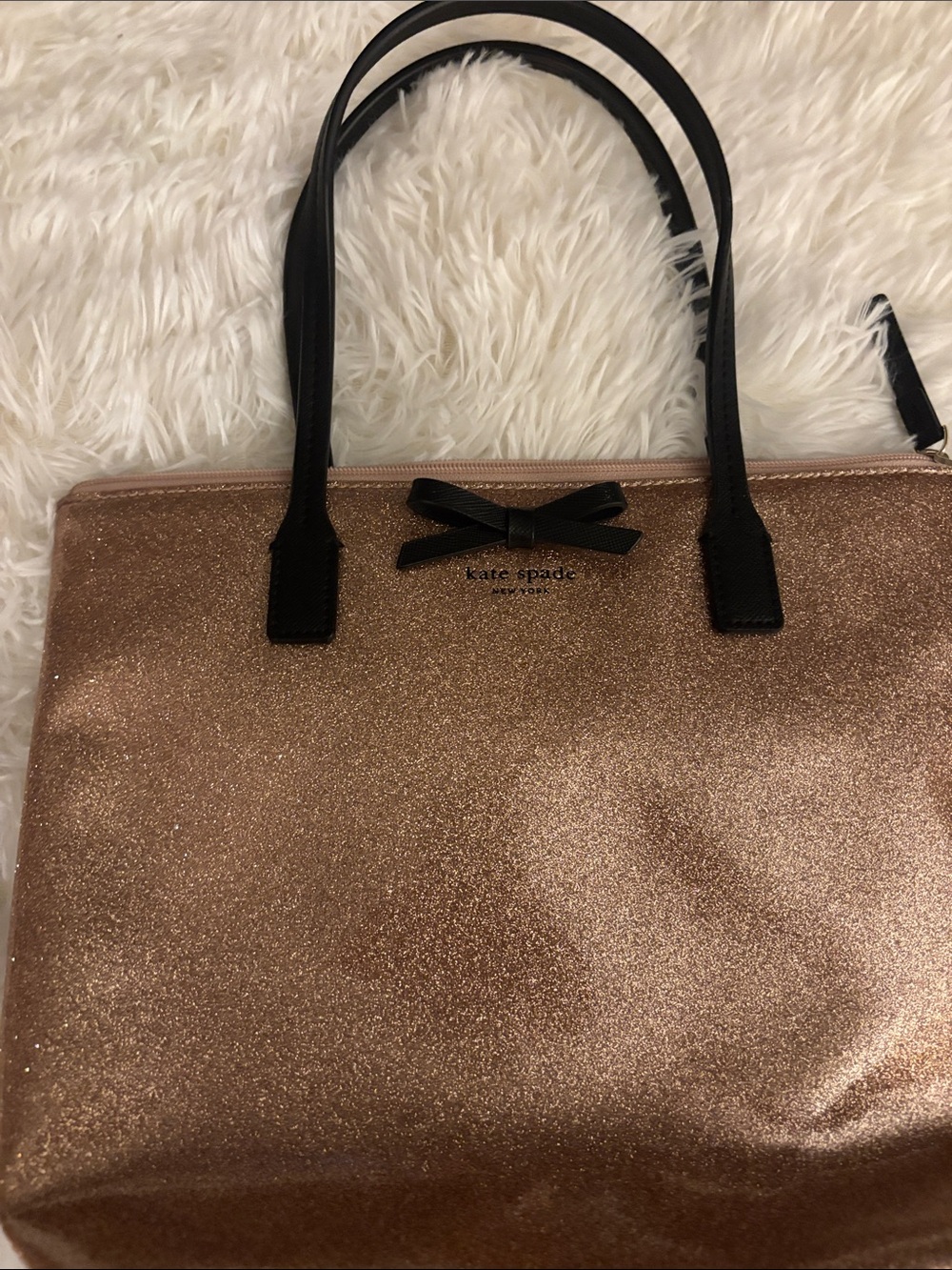 kate spade Rose Gold Glitter Tote with Black Handles and Bow